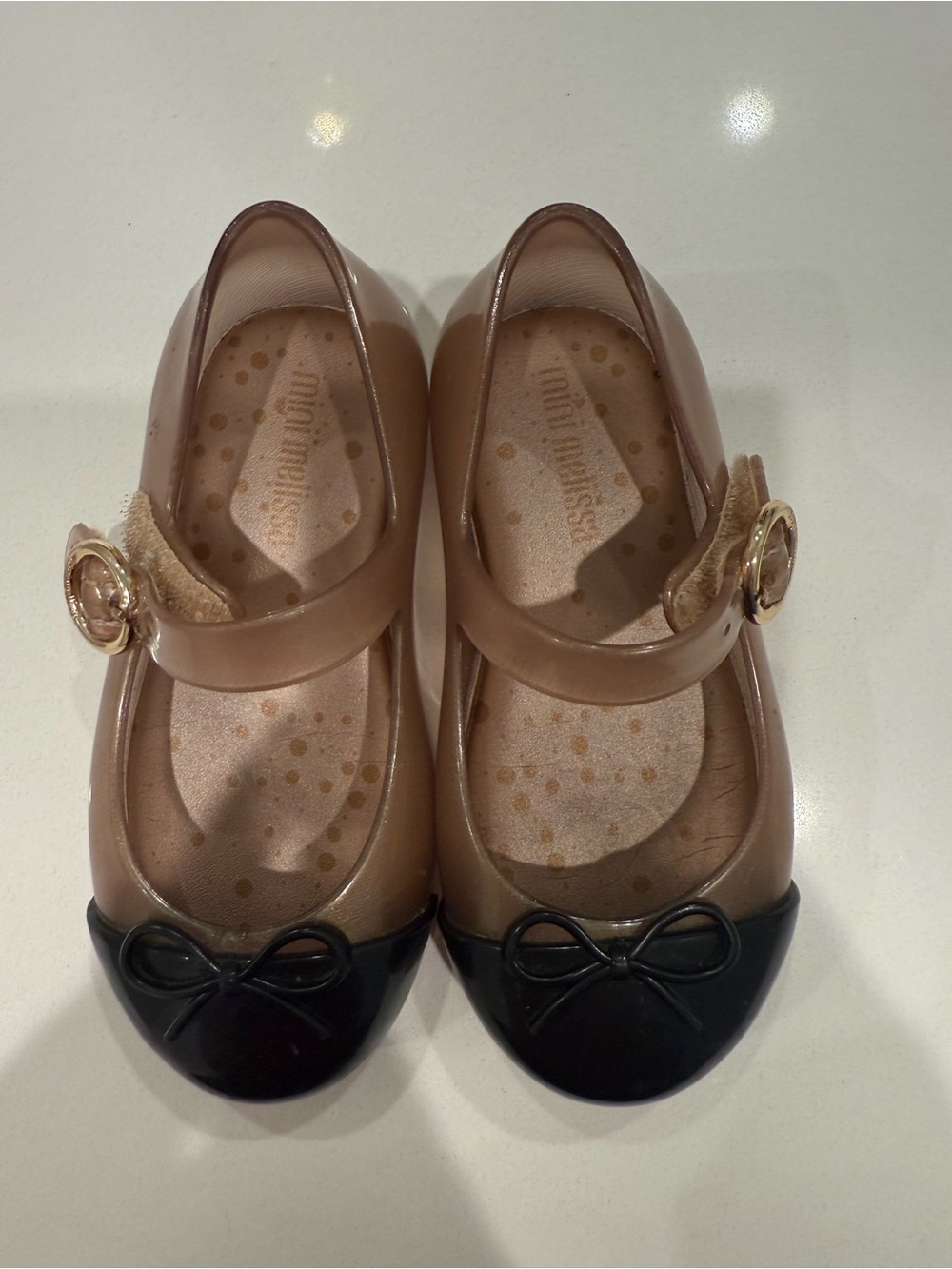 Mini Melissa Girls' Mary Jane Shoes in Taupe with Black Toe Caps